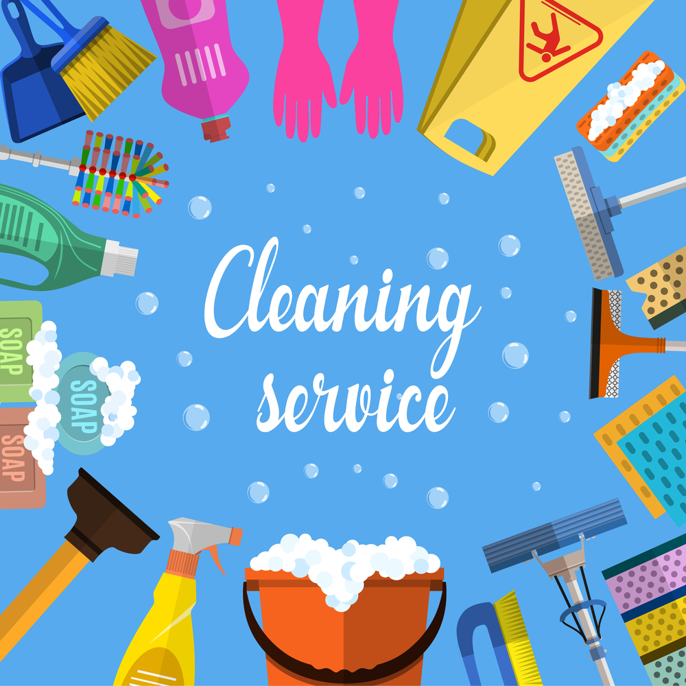 Cleaning service flat illustration. Poster template for house cleaning services with various cleaning tools. Caution wet floor sign, bucket, mop, sponge, brush, detergent product. Vector illustration