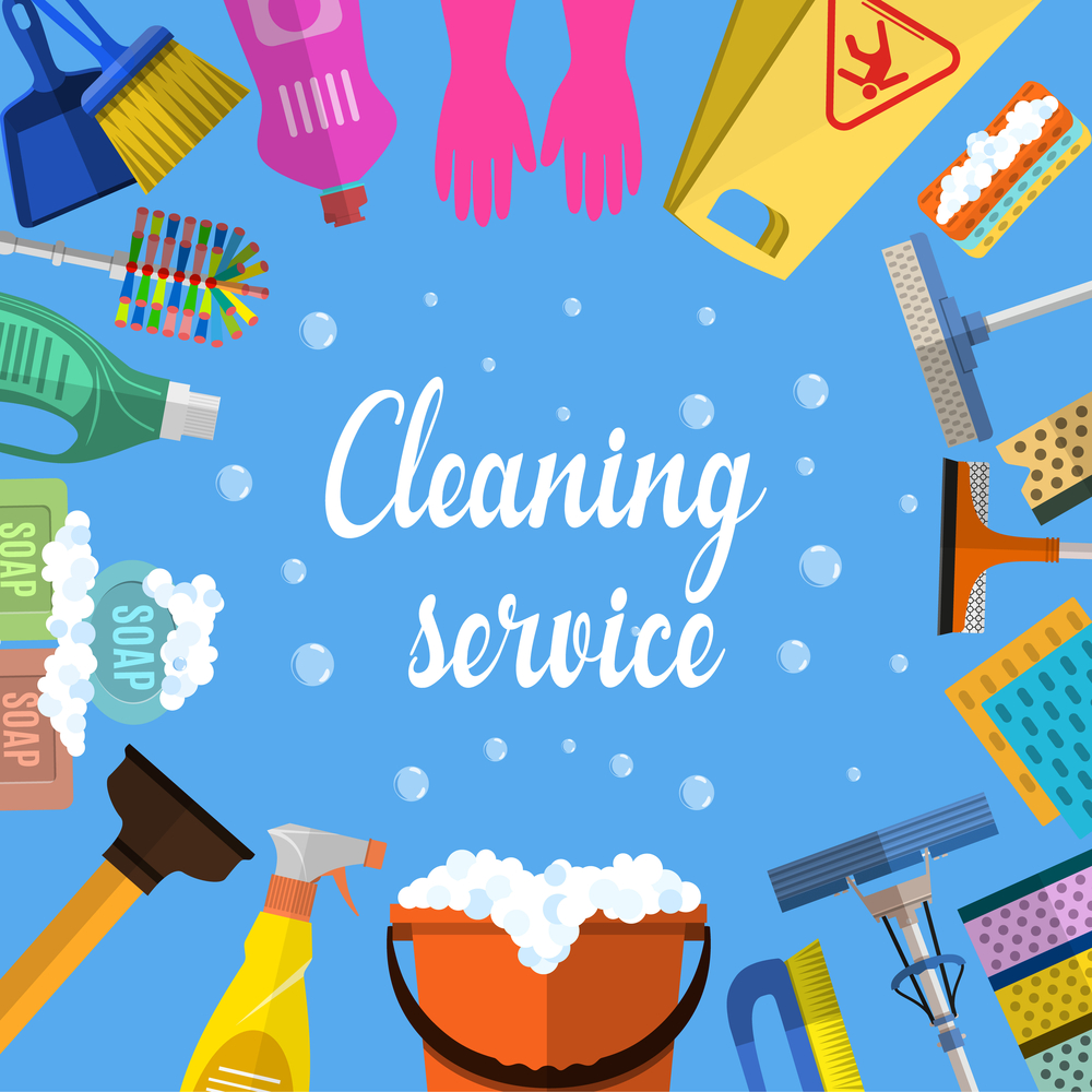 Cleaning service flat illustration Cleaning service flat illustration. Poster template for house cleaning services with various cleaning tools. Caution wet floor sign, bucket, mop, sponge, brush, detergent product. Vector illustration