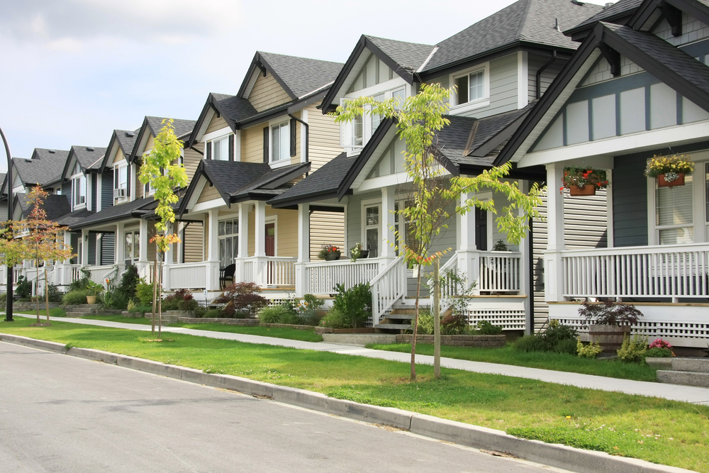 Friendly neighborhood of townhouses.